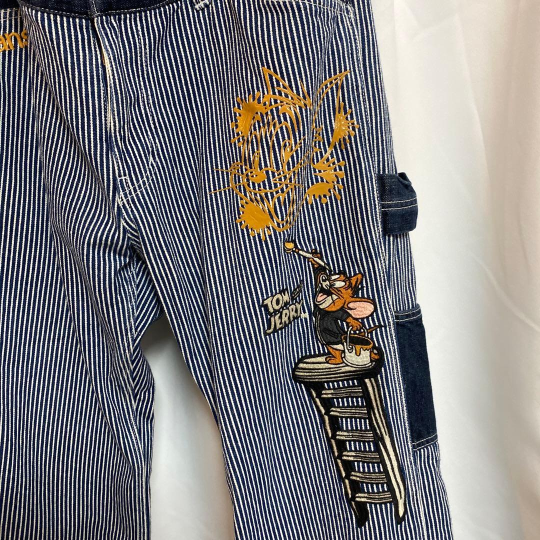 チ*ー様 バンソン　トムとジェリー　刺繍　デニム　ジーンズヒッコリー　濃紺　34