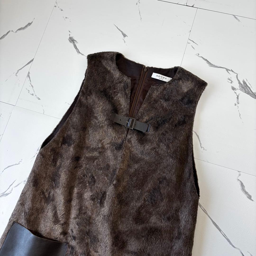 ADORE✨未使用級　フェイクファー　ロングワンピース　レザーポケット　異素材