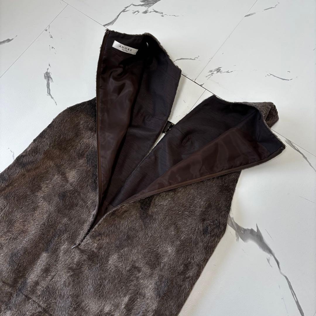 ADORE✨未使用級　フェイクファー　ロングワンピース　レザーポケット　異素材