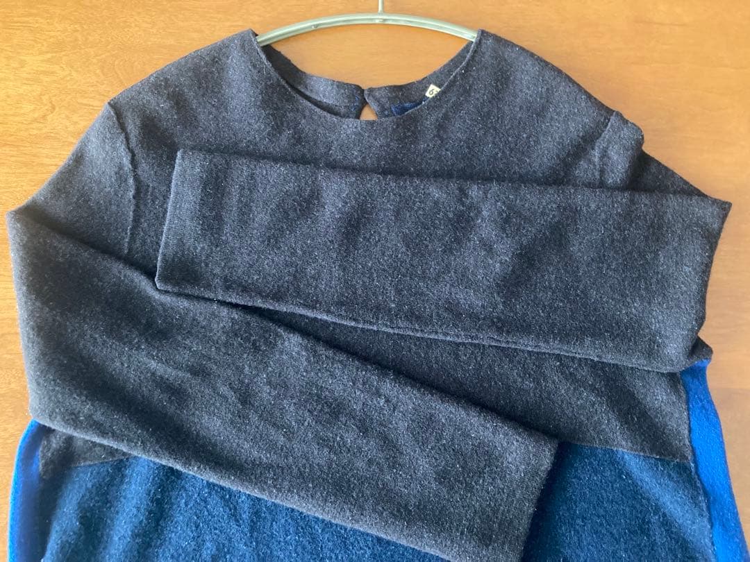 45R ロング丈ワンピース　ブラウン　ブルー　カラーブロック　圧縮ウール