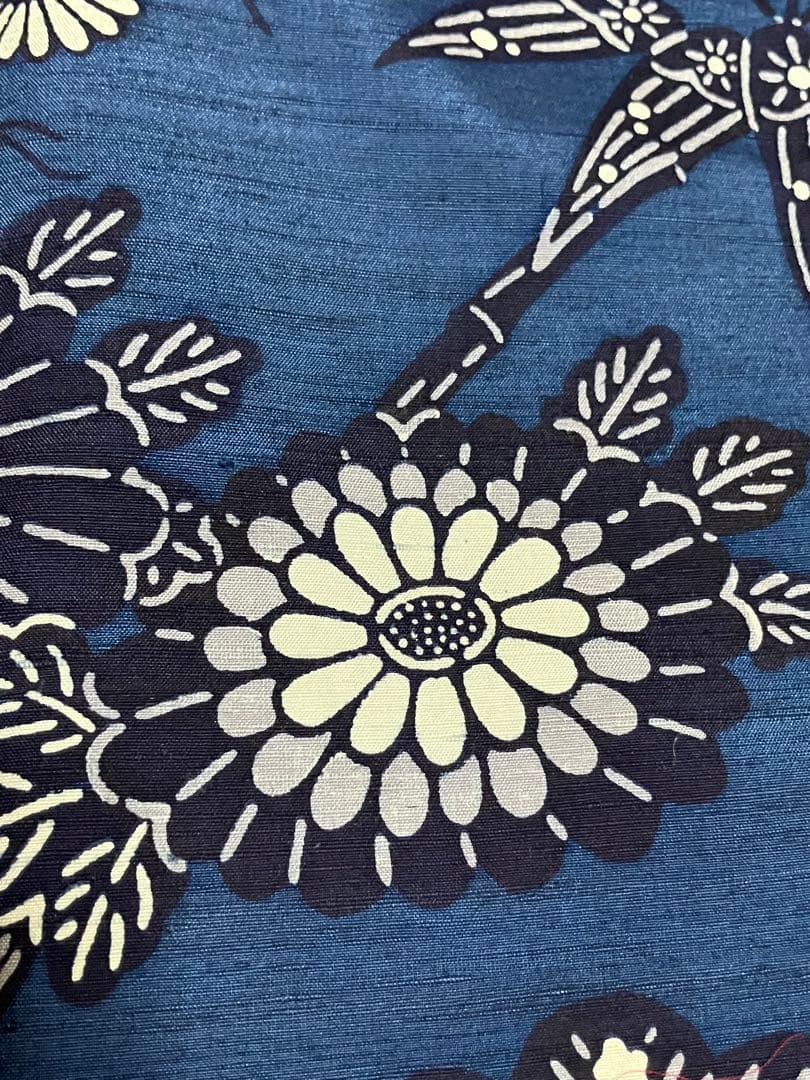 琉球藍型 琉球紅型紬 小紋 松竹梅 菊 落款 反端布 未使用 イ5835