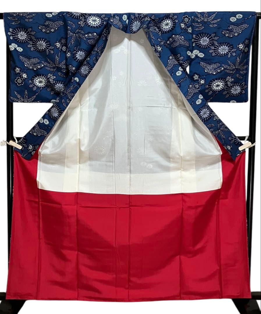 琉球藍型 琉球紅型紬 小紋 松竹梅 菊 落款 反端布 未使用 イ5835