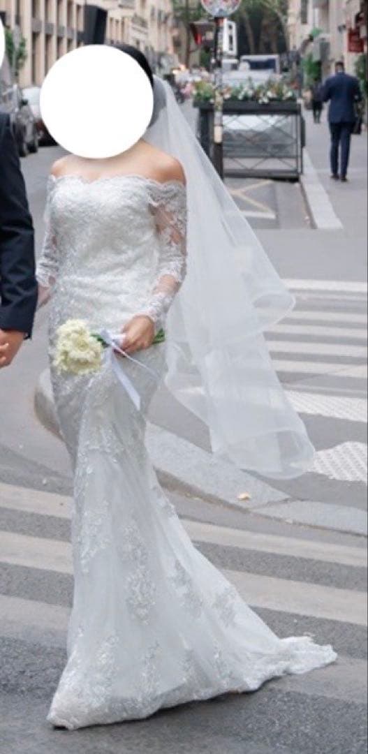 マーメイドウェディングドレス　オフショルダー長袖　ベール