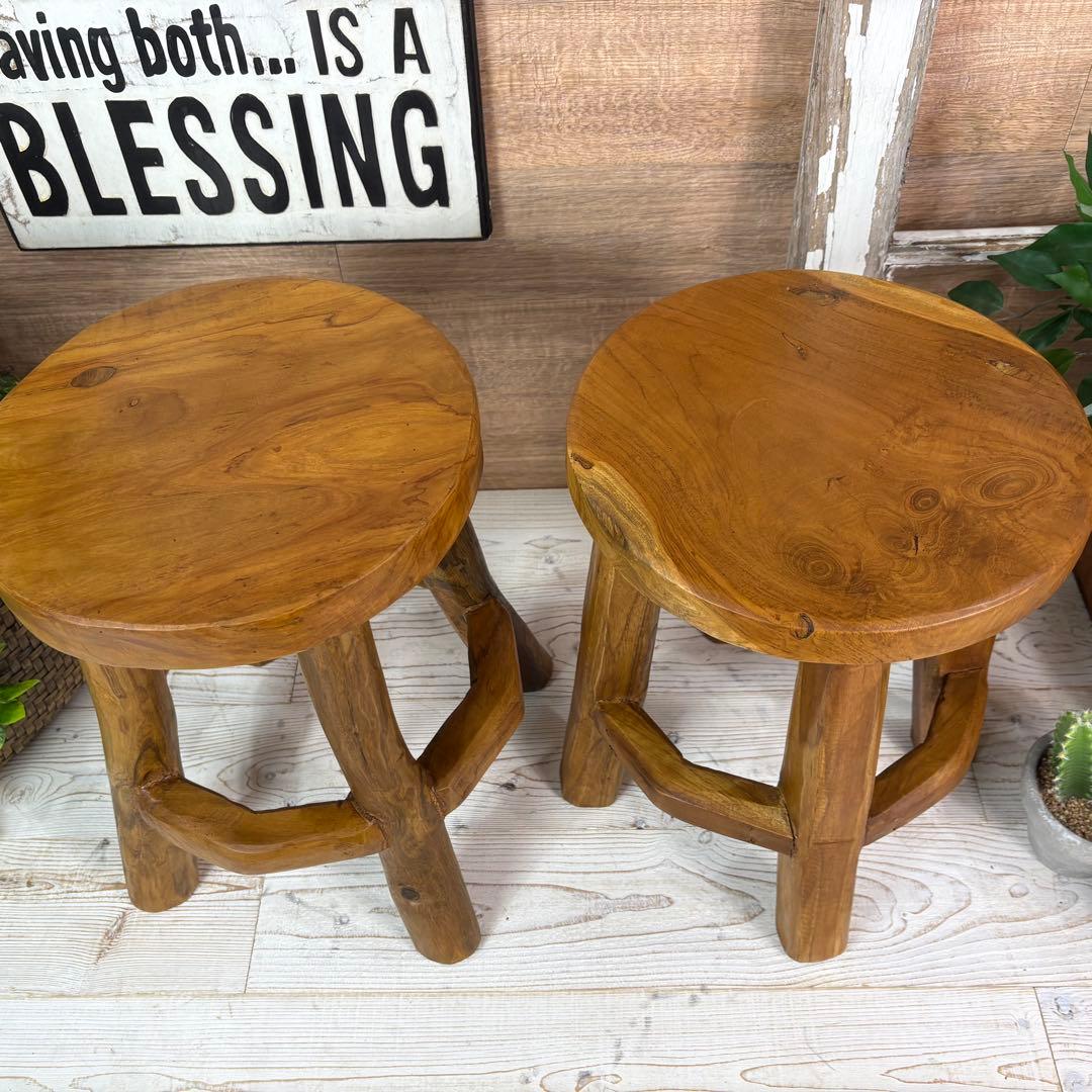 オールドチーク天然無垢極太丸木脚丸スツールM二脚セット木製天然無垢椅子花台チェア