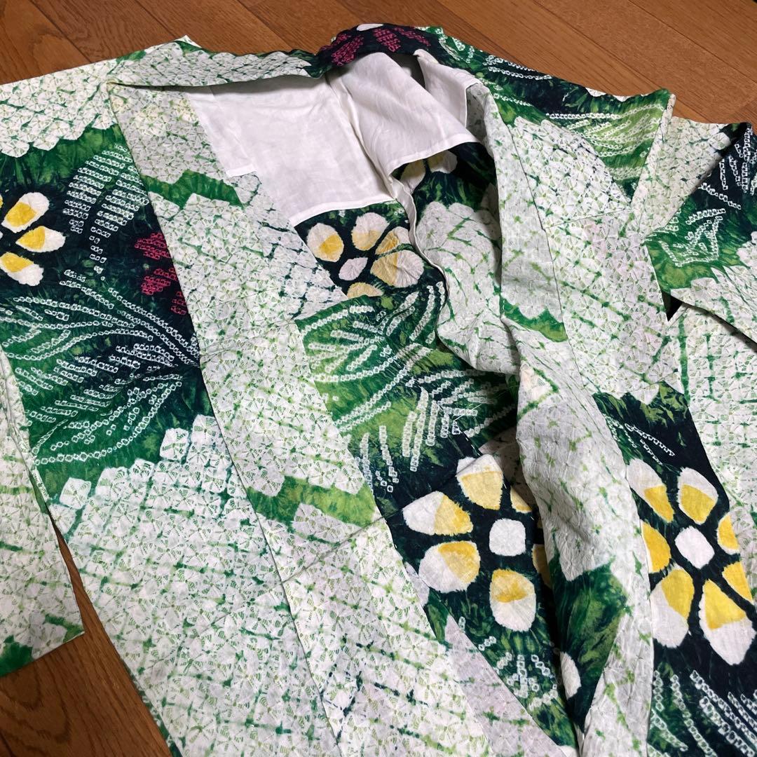 手縫い　総絞り　有松絞り　レトロ　緑色　花柄　夏着物　アンティーク　大人浴衣