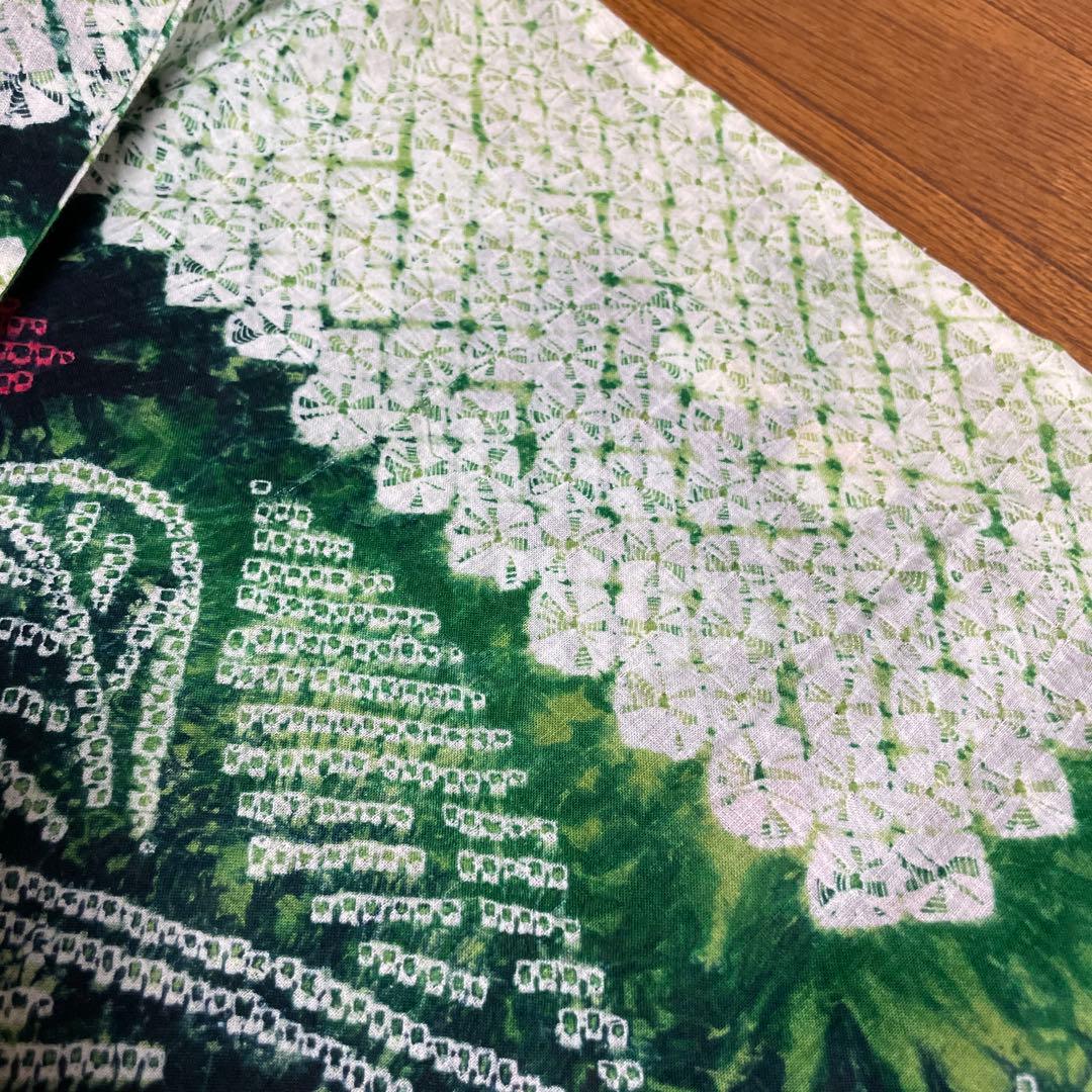 手縫い　総絞り　有松絞り　レトロ　緑色　花柄　夏着物　アンティーク　大人浴衣