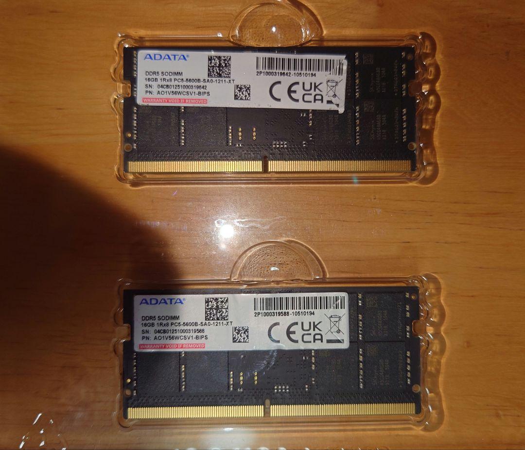 ノートPC用メモリー16GB2枚 ADATA DDR5 PC5-5600B
