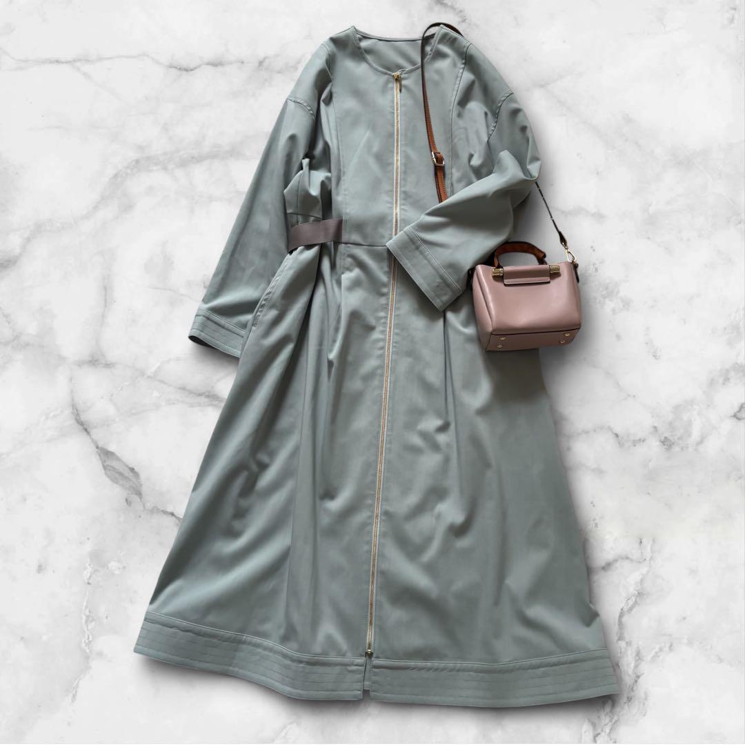 新品【ダーマコレクション】ジップアップワンピース　ノーカラー　ライトグリーン