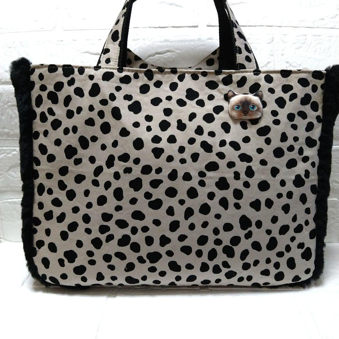 ゆ*ら様 コヤンイサムチョン☆横長トートバッグ　ボアキルトパール黒　黒猫　ダルメ