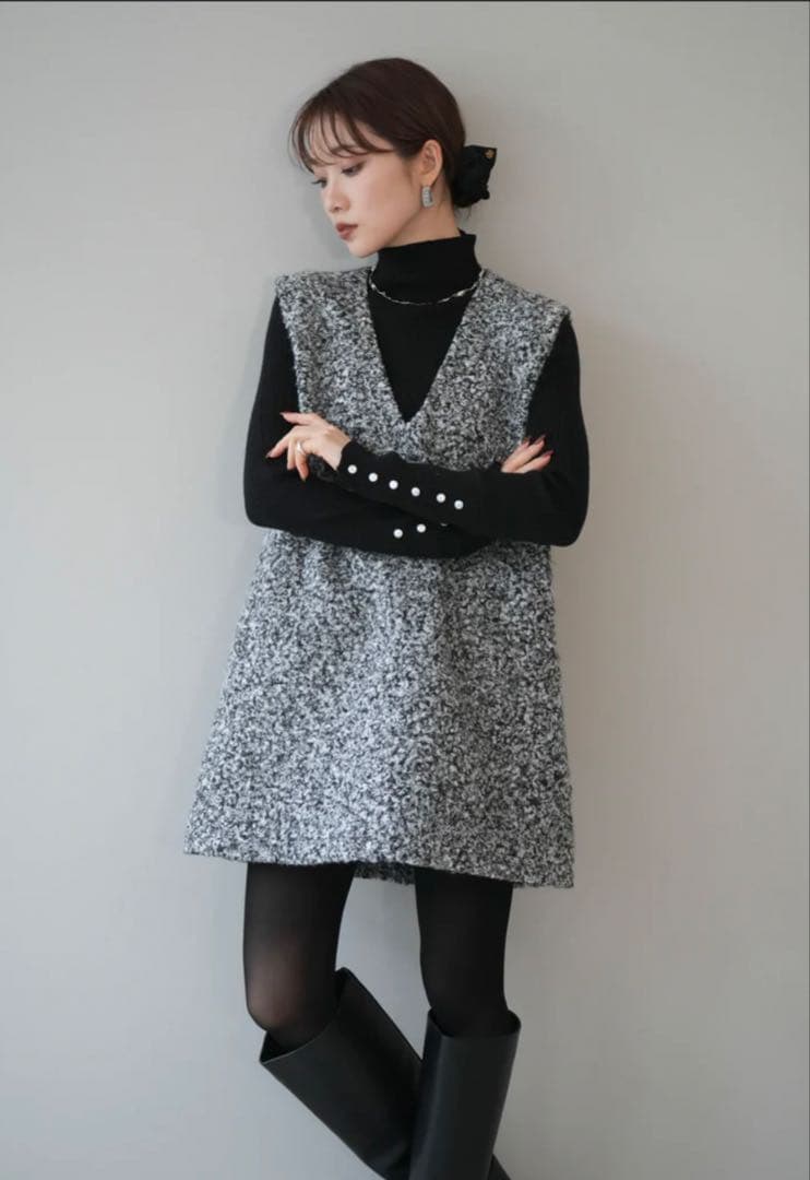 lumier ミックスループヤーンニットミニワンピース/GRAY