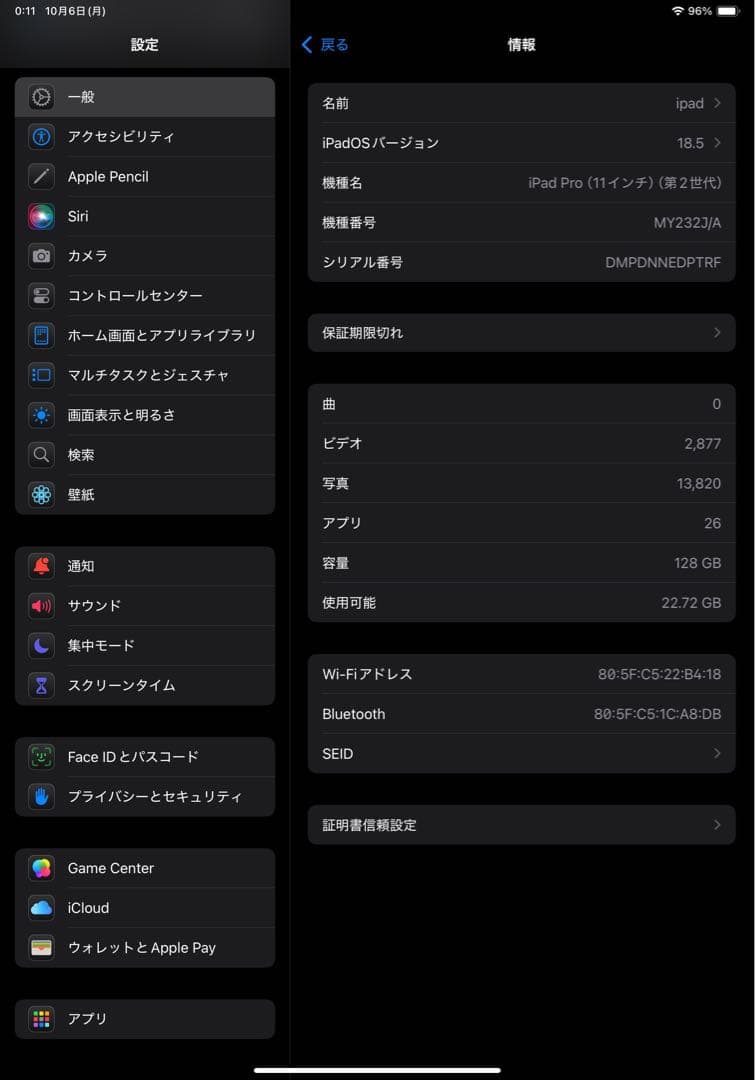 Apple iPad pro 第二世代　11インチ スペースグレー 本体
