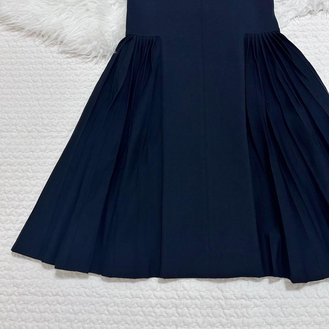 美品♡FOXEY サイドプリーツニットワンピース　フレア　38 ダークネイビー