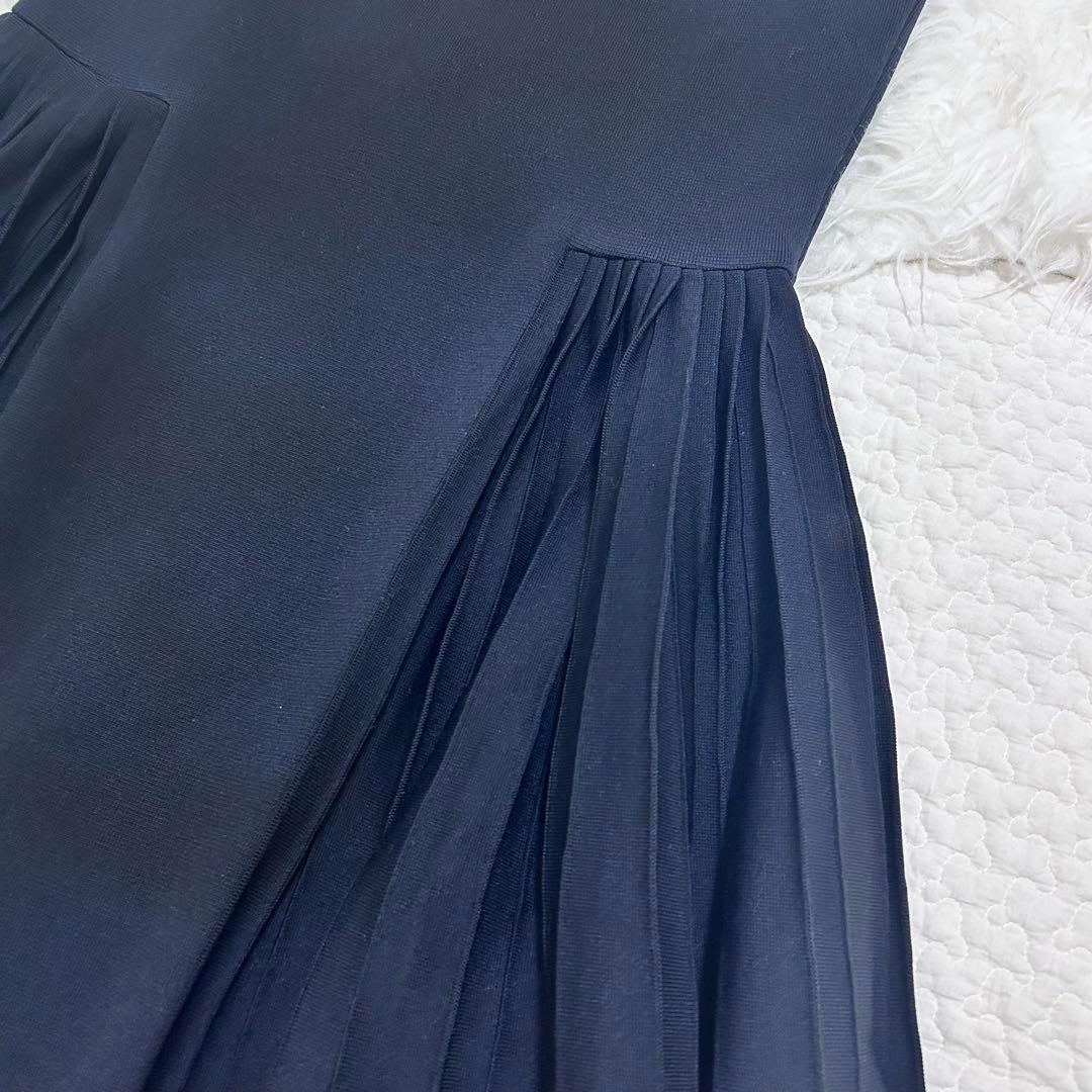 美品♡FOXEY サイドプリーツニットワンピース　フレア　38 ダークネイビー