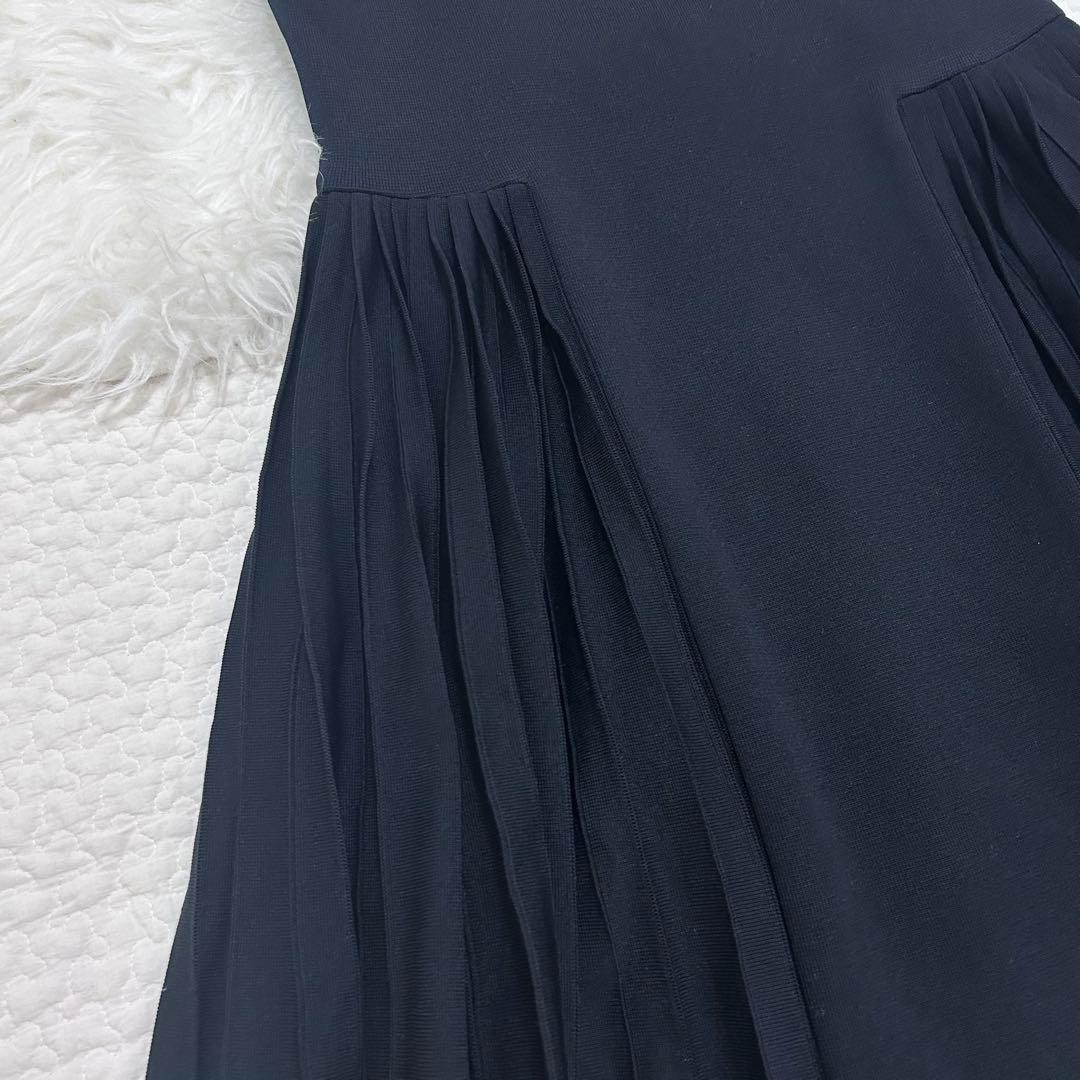 美品♡FOXEY サイドプリーツニットワンピース　フレア　38 ダークネイビー
