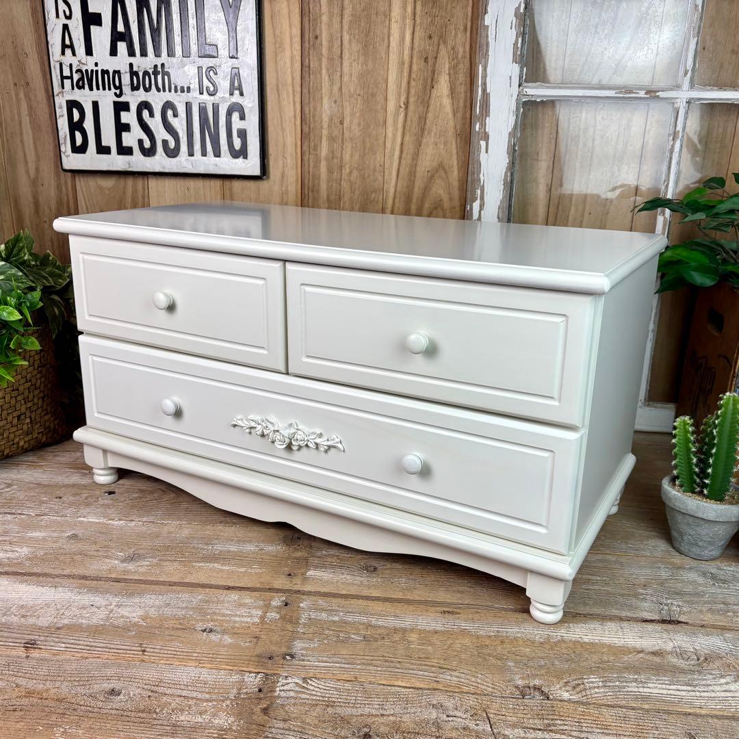 訳あり品【136】フレンチ調ホワイトチェスト横長木製収納家具姫系洋タンス飾り棚姫