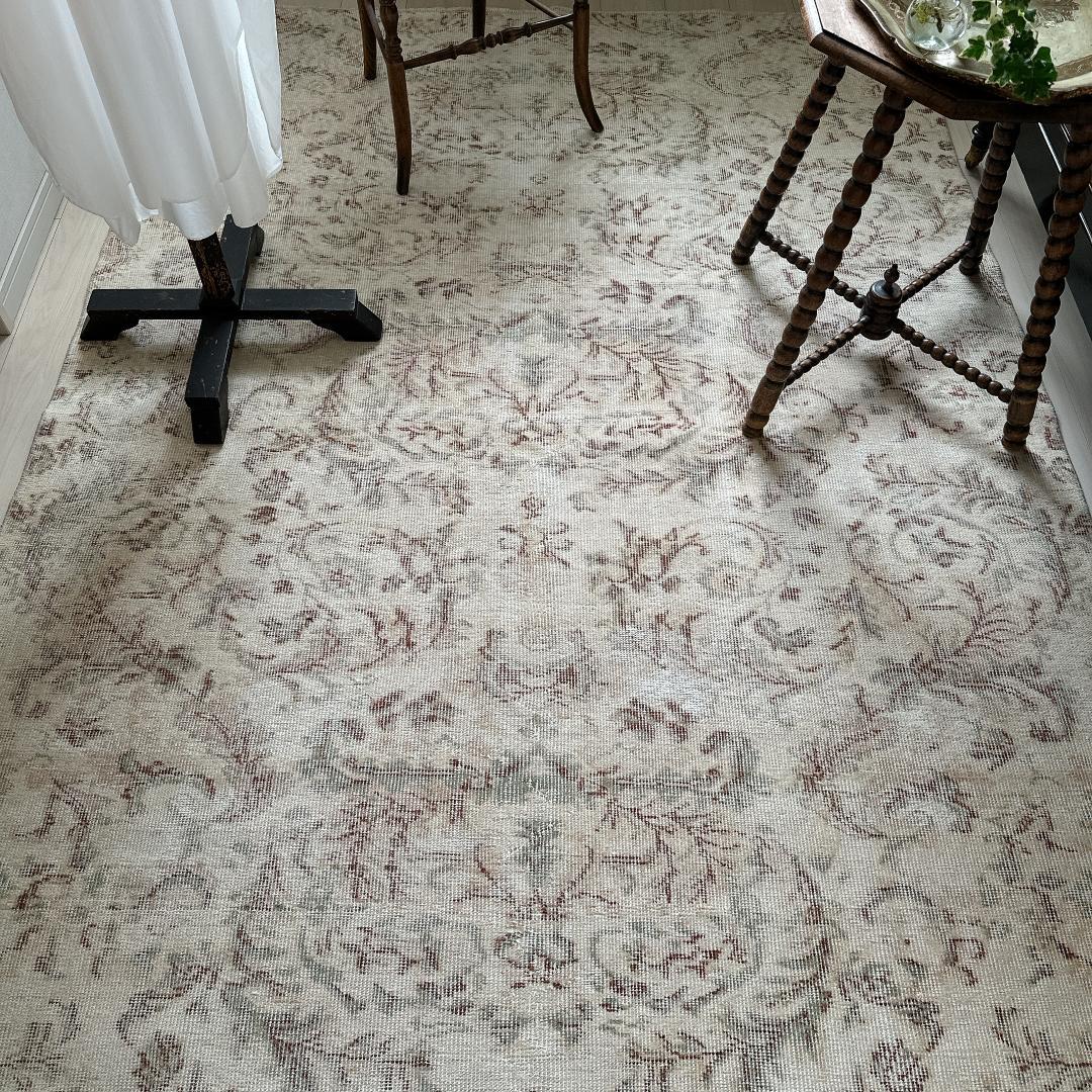 トルコ ヴィンテージラグ A27超大判 レア クリーム セージグリーン ベージュ