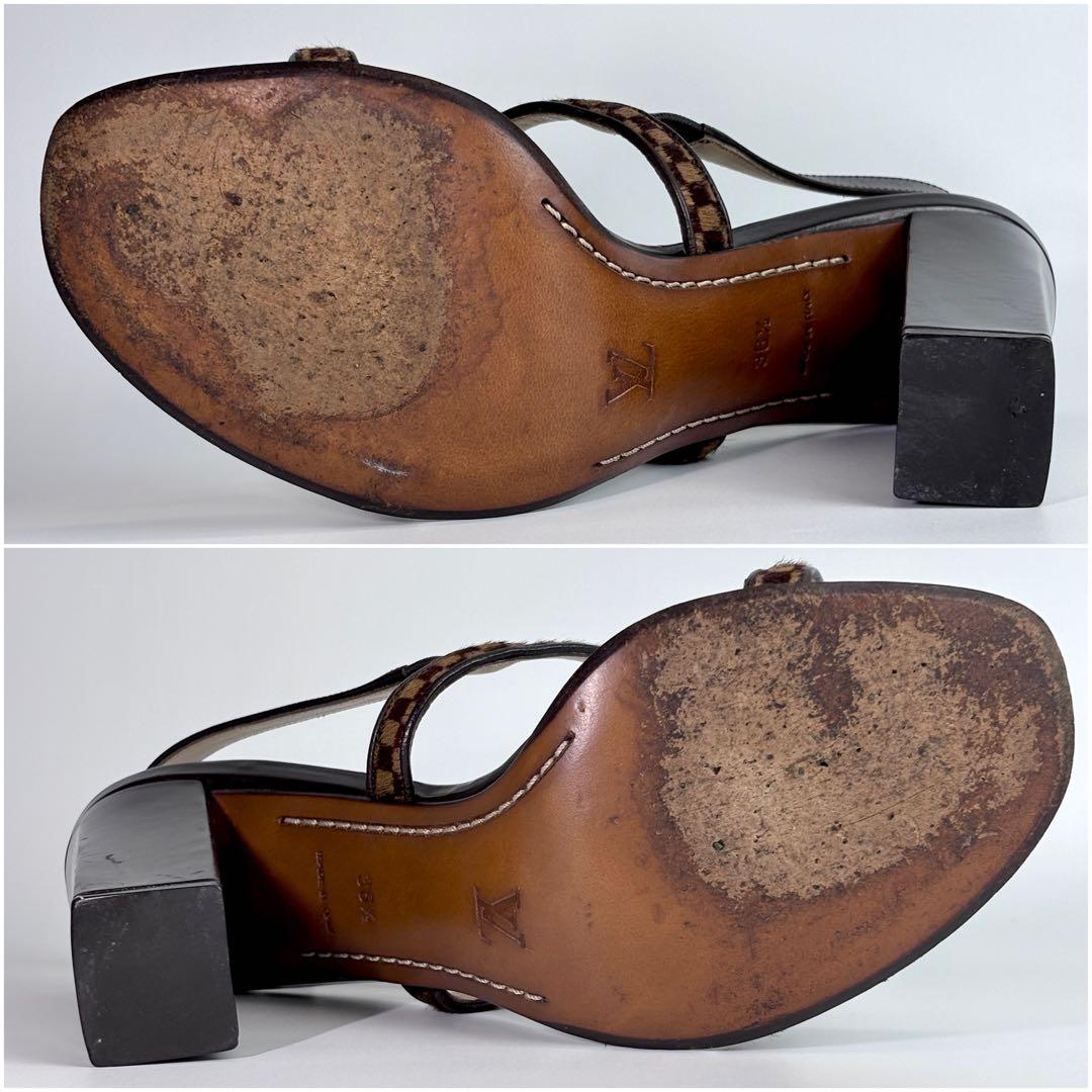 ルイヴィトン ダミエ ソバージュ ミュール ハラコ フラワー チャンキーヒール