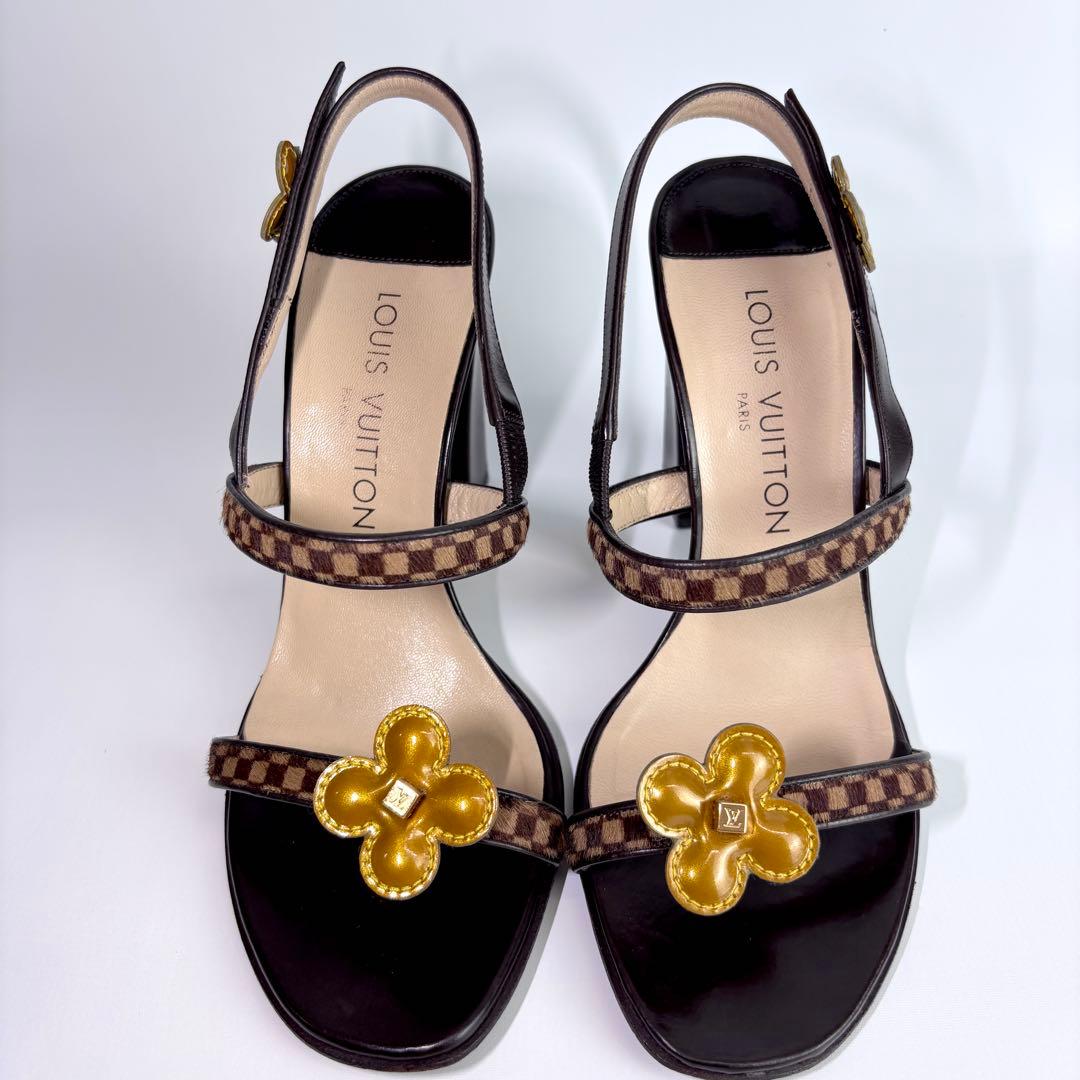 ルイヴィトン ダミエ ソバージュ ミュール ハラコ フラワー チャンキーヒール