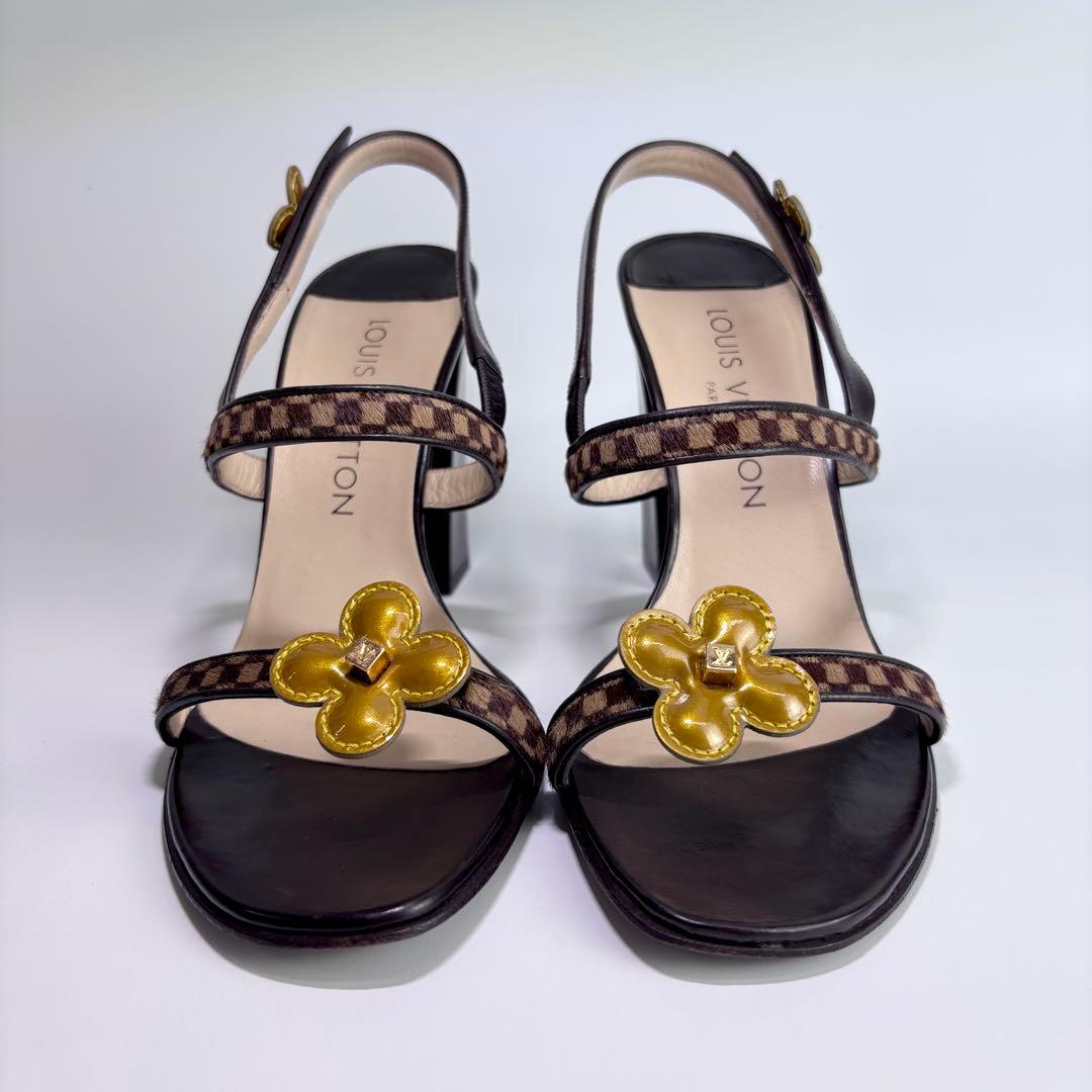 ルイヴィトン ダミエ ソバージュ ミュール ハラコ フラワー チャンキーヒール