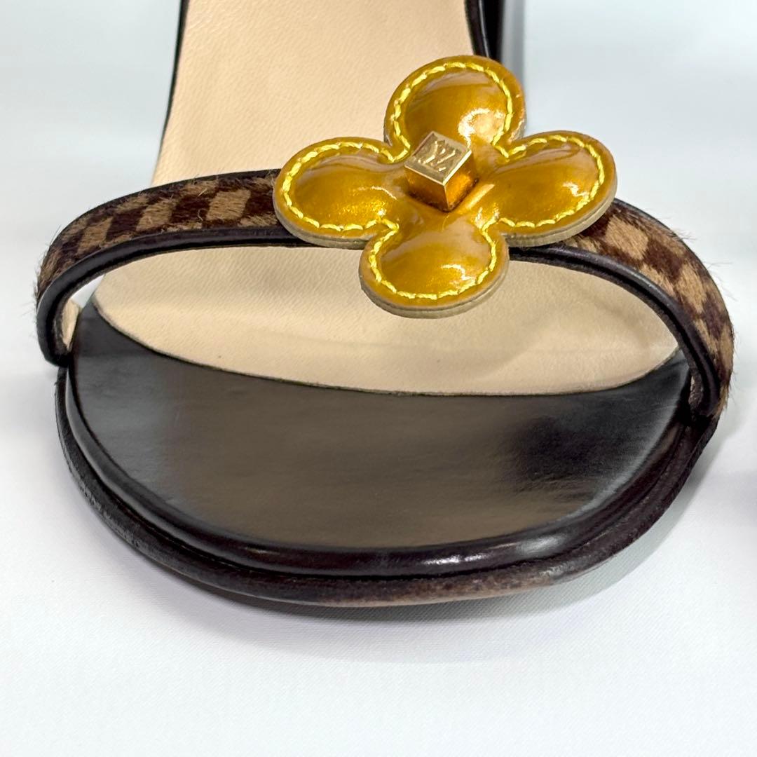 ルイヴィトン ダミエ ソバージュ ミュール ハラコ フラワー チャンキーヒール