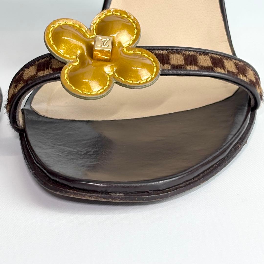 ルイヴィトン ダミエ ソバージュ ミュール ハラコ フラワー チャンキーヒール