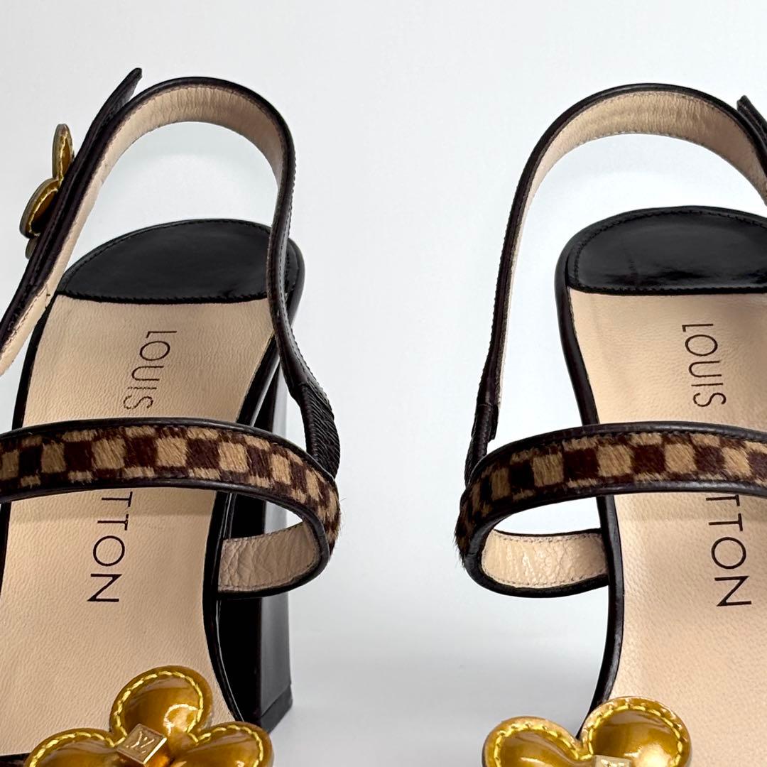 ルイヴィトン ダミエ ソバージュ ミュール ハラコ フラワー チャンキーヒール