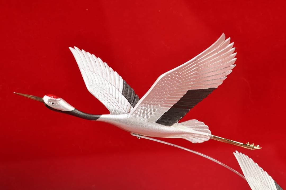 篠原、関武比古 作　純銀製　『 丹頂祝賀の舞 』 ４号　置物　床飾