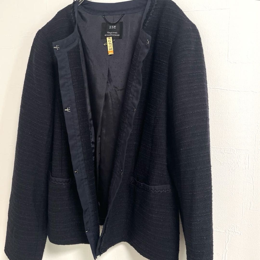 23区 ネイビー ノーカラージャケット 46 日本製　オンワード樫山　大きめ