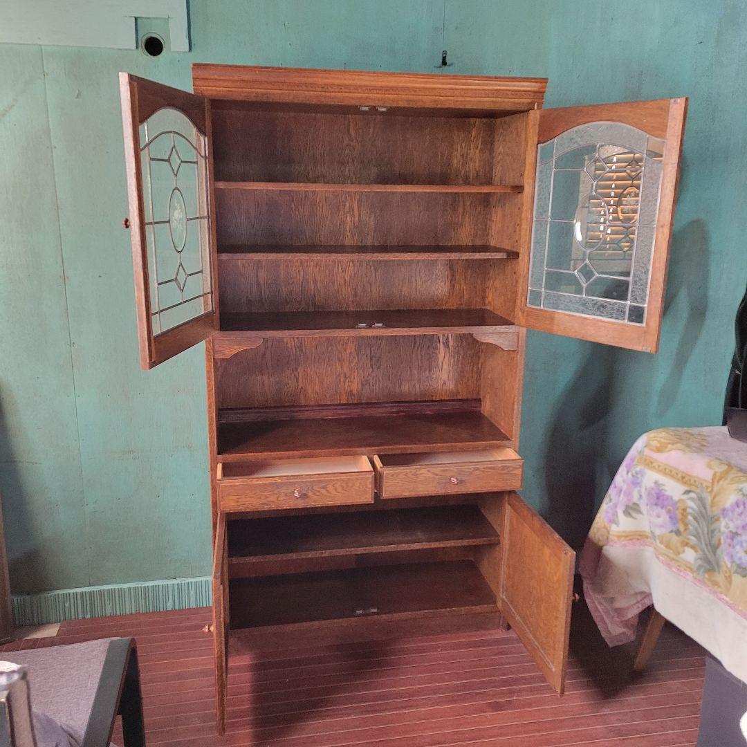 三越家具 Brugge ブルージュ 食器棚 キャビネット 楢材ステンドグラス英国