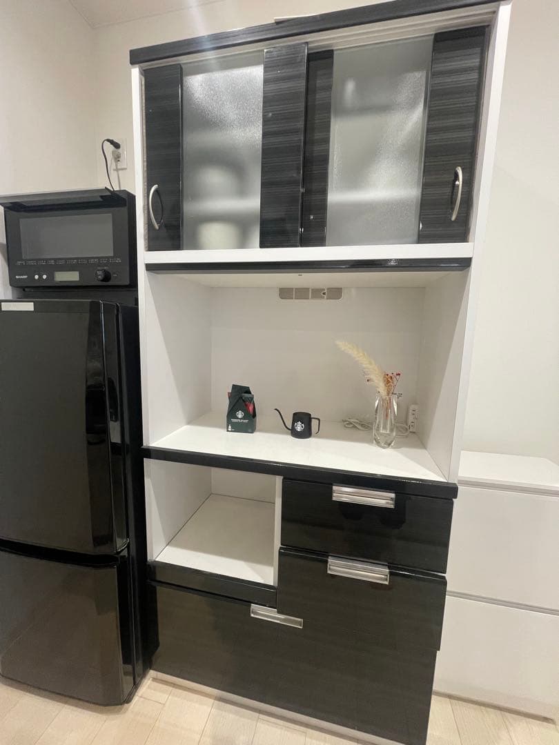 【美品】食器棚・キッチンボード85 ホワイト・ブラック