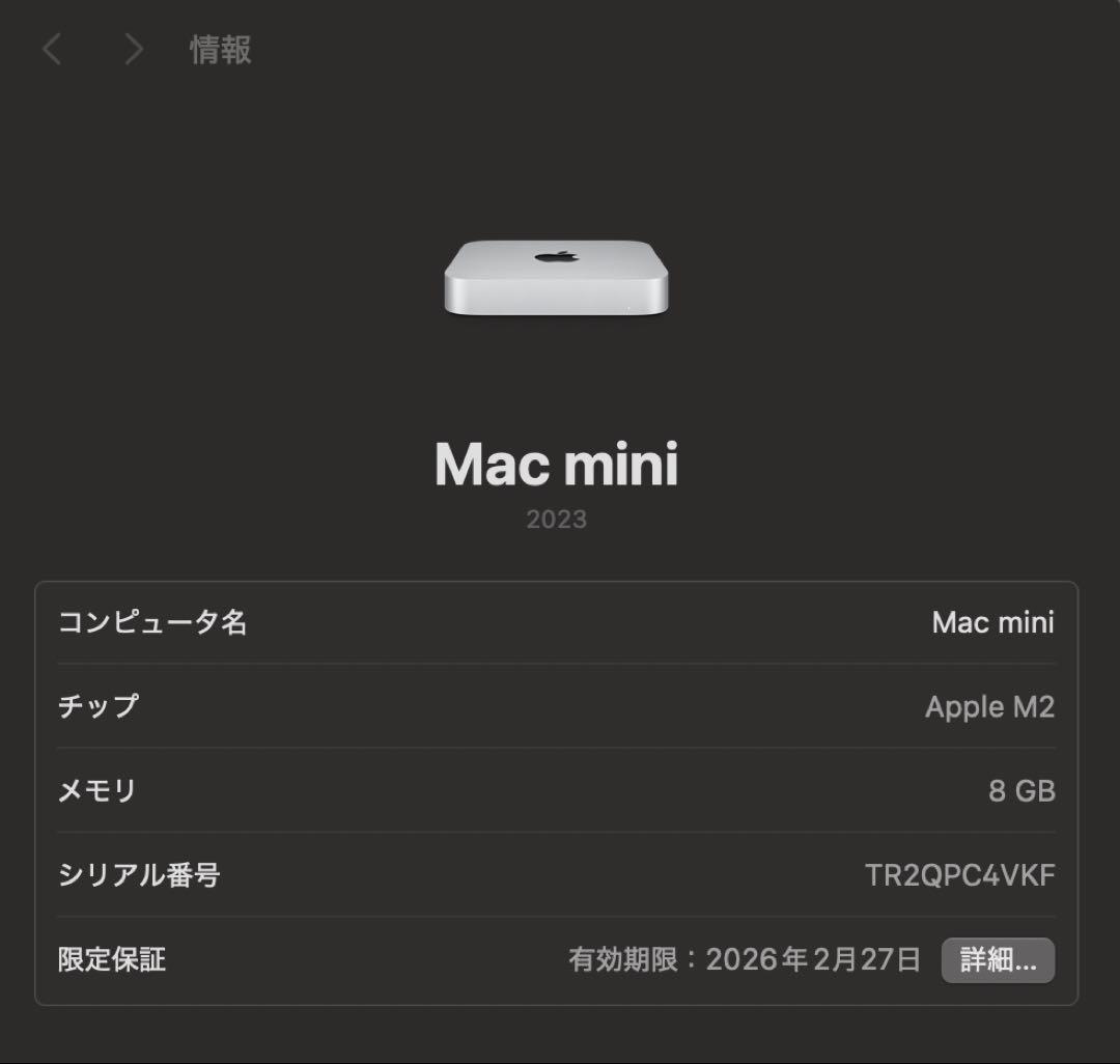 Mac mini M2 8C CPU/10C GPU/8GB/256GB 保証有