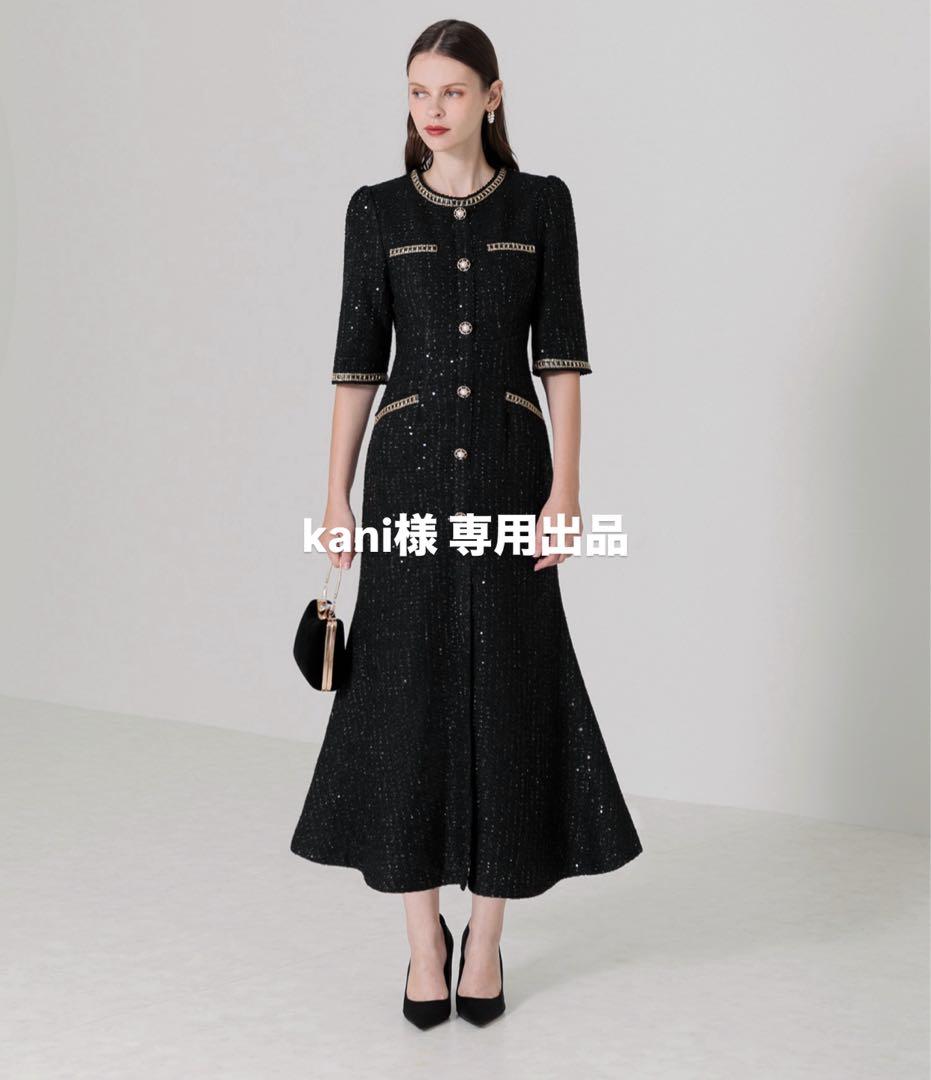 ビジュー付きブラックツイードドレス
