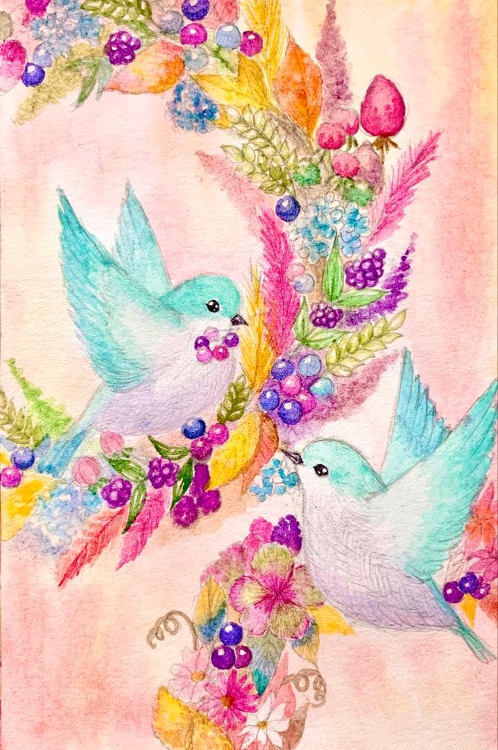♡たまみな♡水彩画 原画9枚レプリカ12枚鳥と花のアート作品