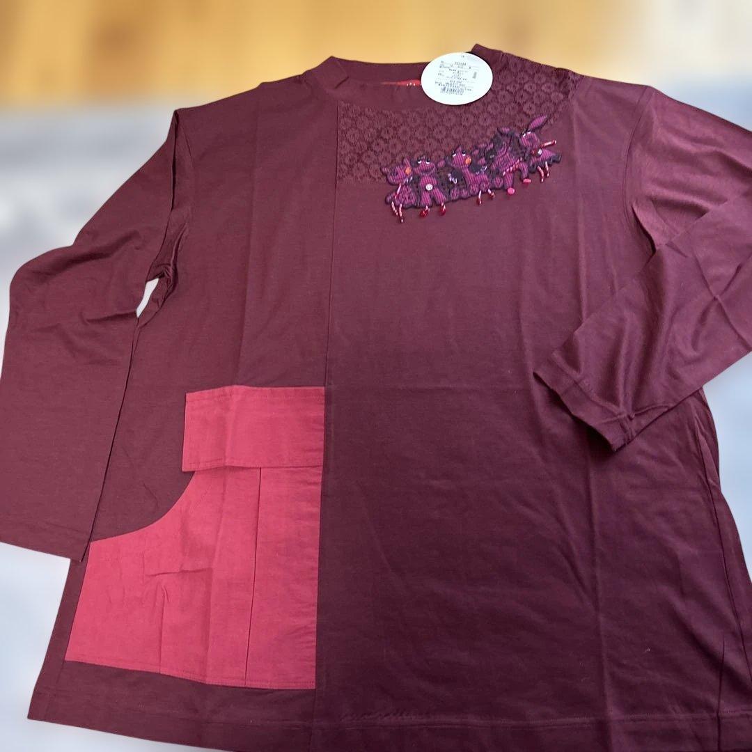 アルベロベロワインレッド 長袖チュニック刺繍 ビーズ装飾グレーチュールチュニック