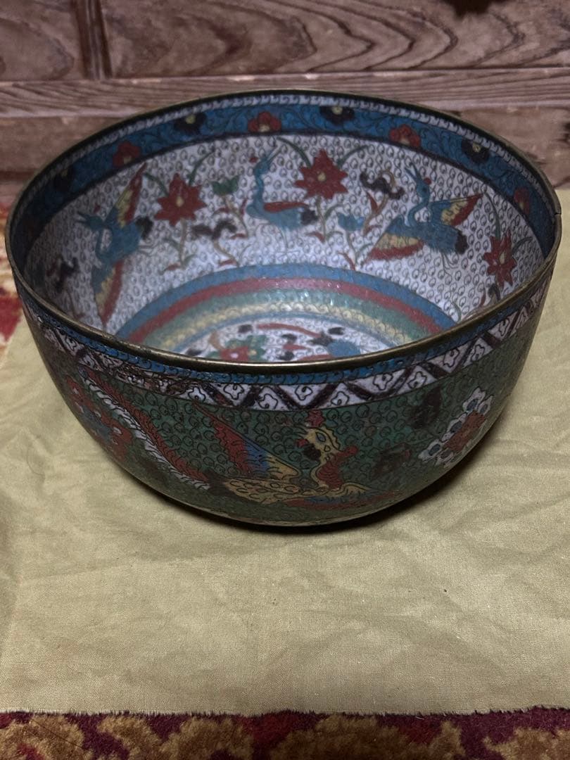 中国　明時代　花鳥文七宝　銅製　鉢　水指