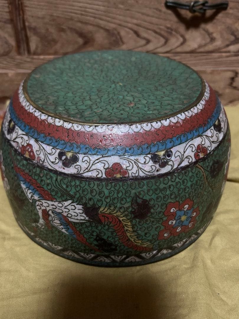 中国　明時代　花鳥文七宝　銅製　鉢　水指