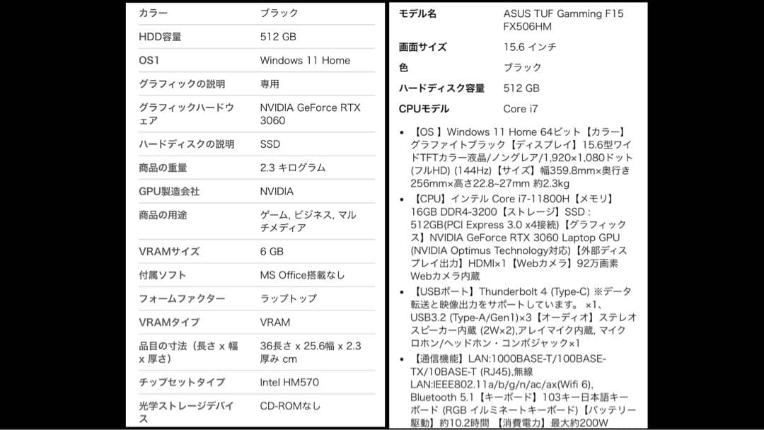 ASUS TUF Gaming F15 FX506HM 中古