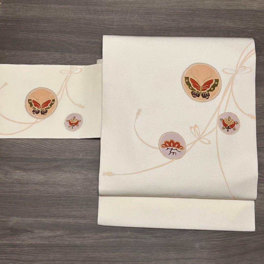 名古屋帯 手描友禅 白 塩瀬 正絹 中古 so256