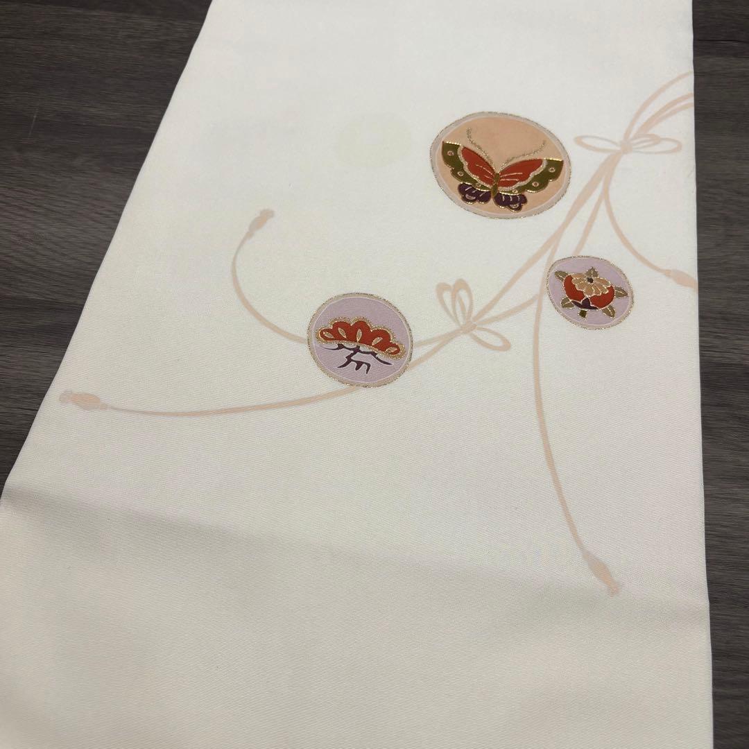 名古屋帯 手描友禅 白 塩瀬 正絹 中古 so256