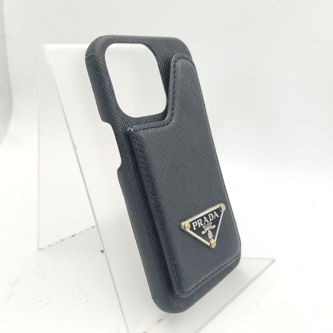 プラダ　iPhone14ケース　パスケース付き　サフィアーノ　ブラック