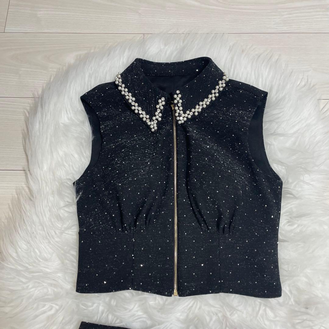 jewels パール襟　フロントジップセットアップドレス　M
