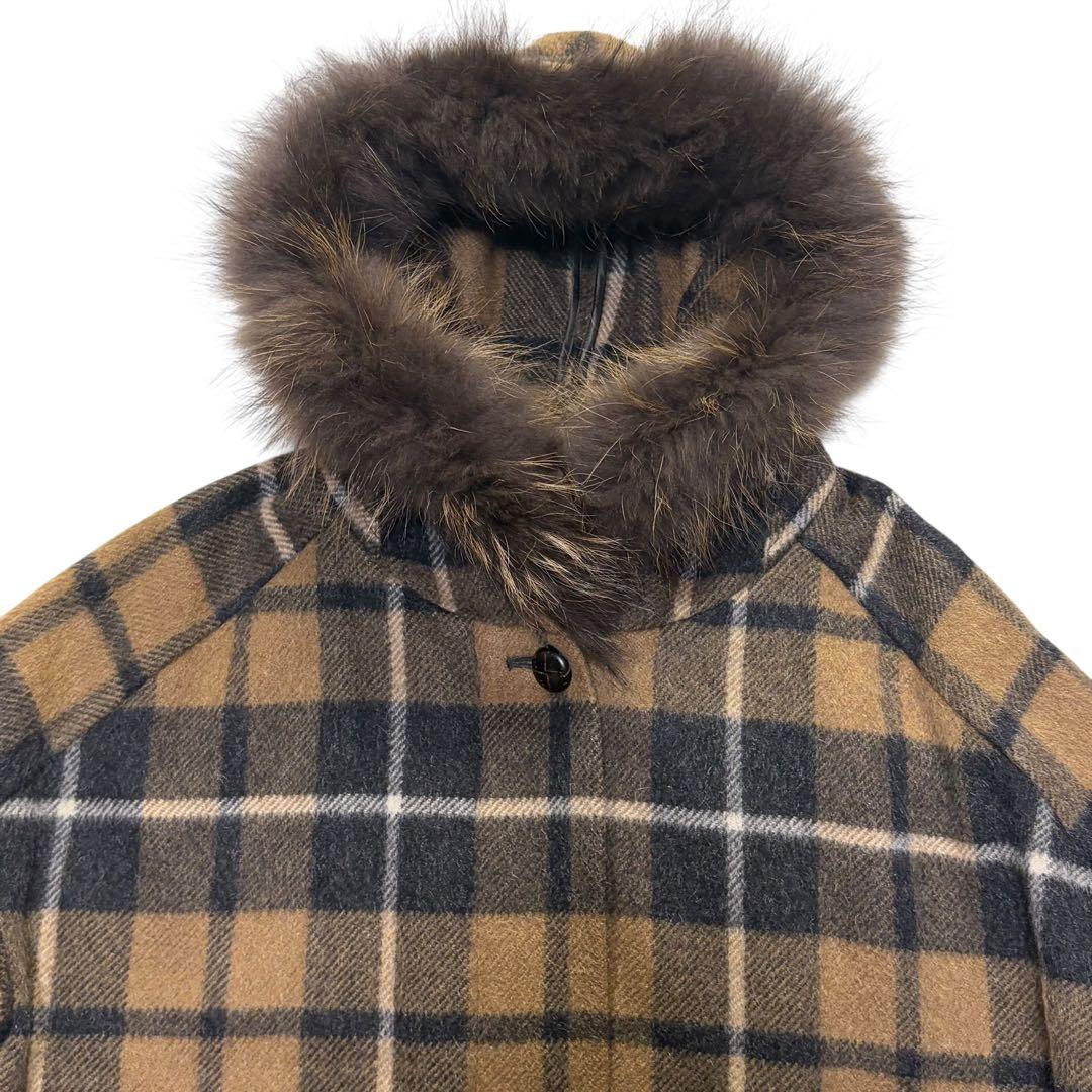 ダイアグラム　ラクーンファー コート モヘヤ　2way チェック　ファー　クルミ