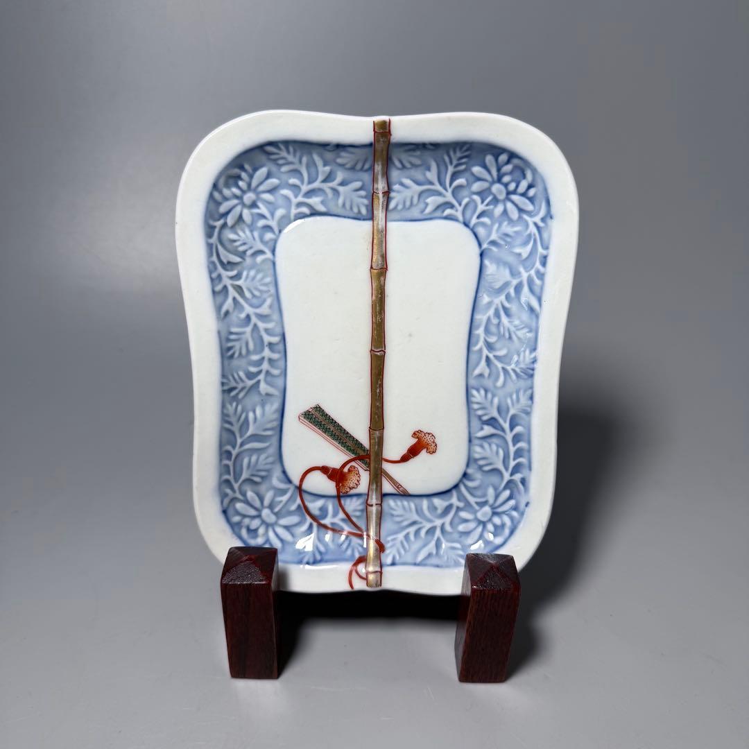 明治時代　有田焼　岩松平吾　色絵軍配形皿　五枚　角岩印　陽刻　珍品　残り僅か