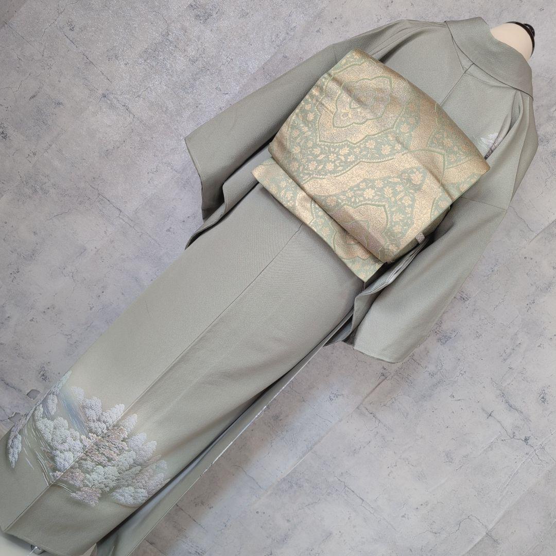 訪問着　フルセット　着物　正絹　木柄　緑　しつけ糸　ナチュラル　優美　自然　O5