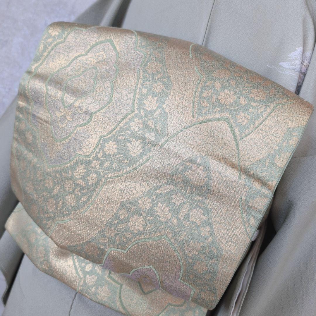 訪問着　フルセット　着物　正絹　木柄　緑　しつけ糸　ナチュラル　優美　自然　O5