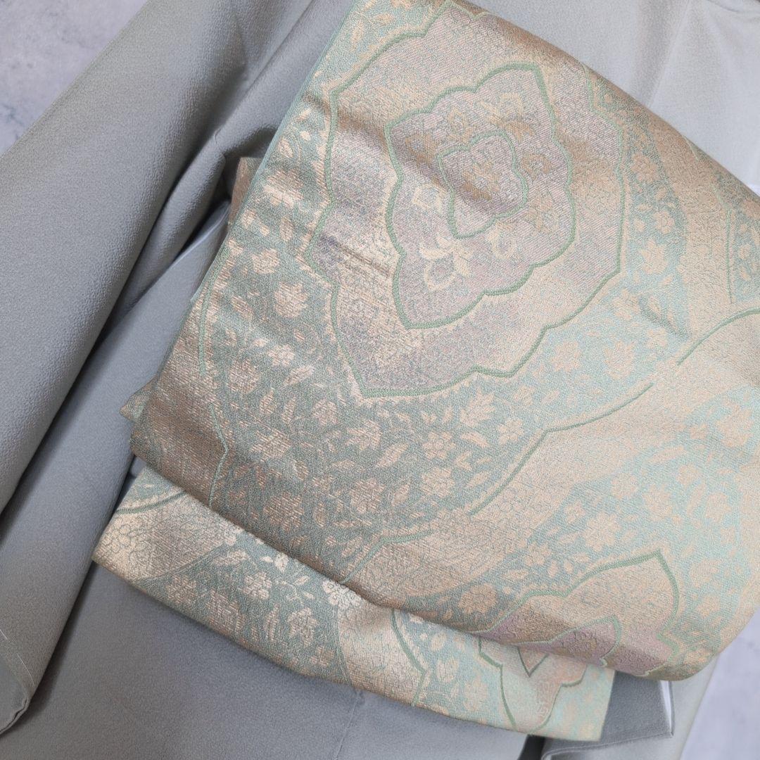 訪問着　フルセット　着物　正絹　木柄　緑　しつけ糸　ナチュラル　優美　自然　O5