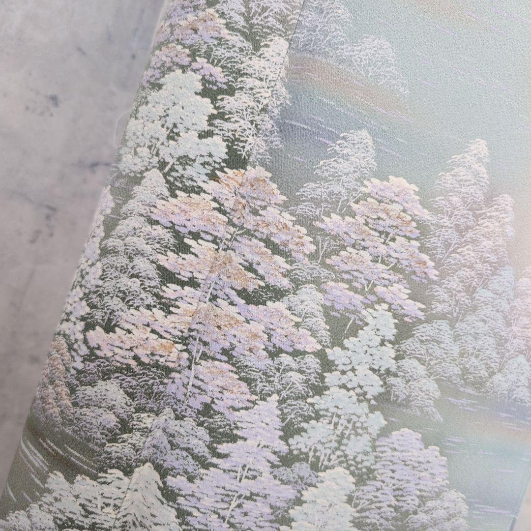 訪問着　フルセット　着物　正絹　木柄　緑　しつけ糸　ナチュラル　優美　自然　O5