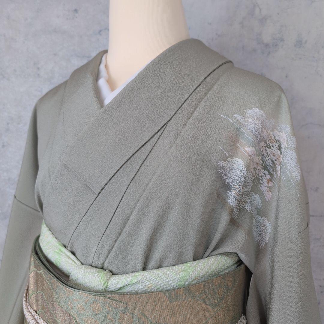 訪問着　フルセット　着物　正絹　木柄　緑　しつけ糸　ナチュラル　優美　自然　O5