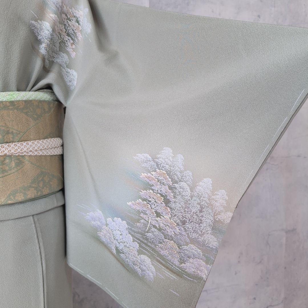 訪問着　フルセット　着物　正絹　木柄　緑　しつけ糸　ナチュラル　優美　自然　O5