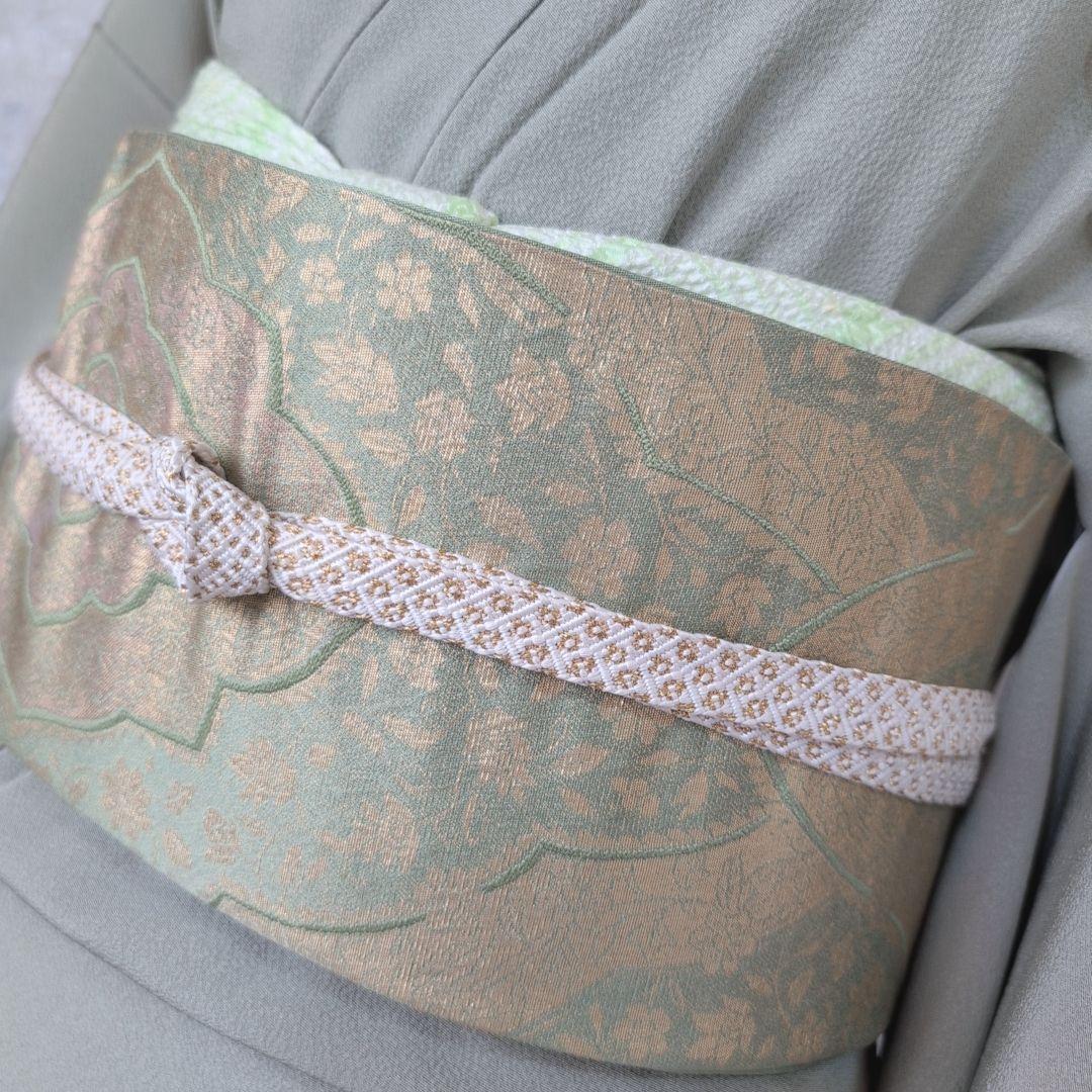 訪問着　フルセット　着物　正絹　木柄　緑　しつけ糸　ナチュラル　優美　自然　O5